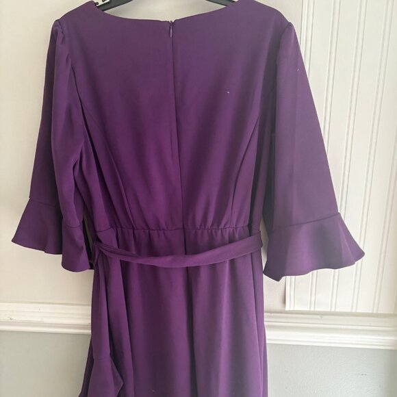 Bell Sleeve Solid Crepe Wrap Fit and Flare Dress - Picture 3 of 5